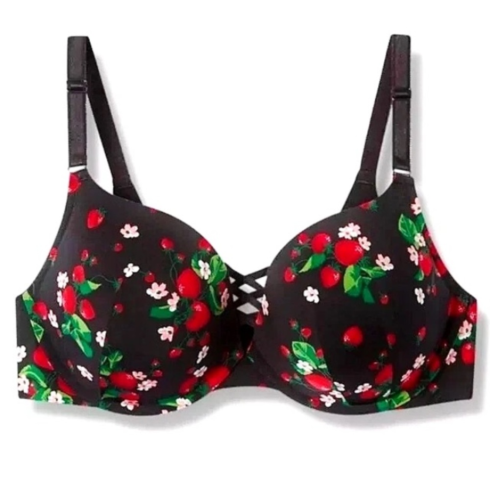 Torrid Curve 360 Back Smoothing Push-up Plunge Black Strawberry Bra - 48C